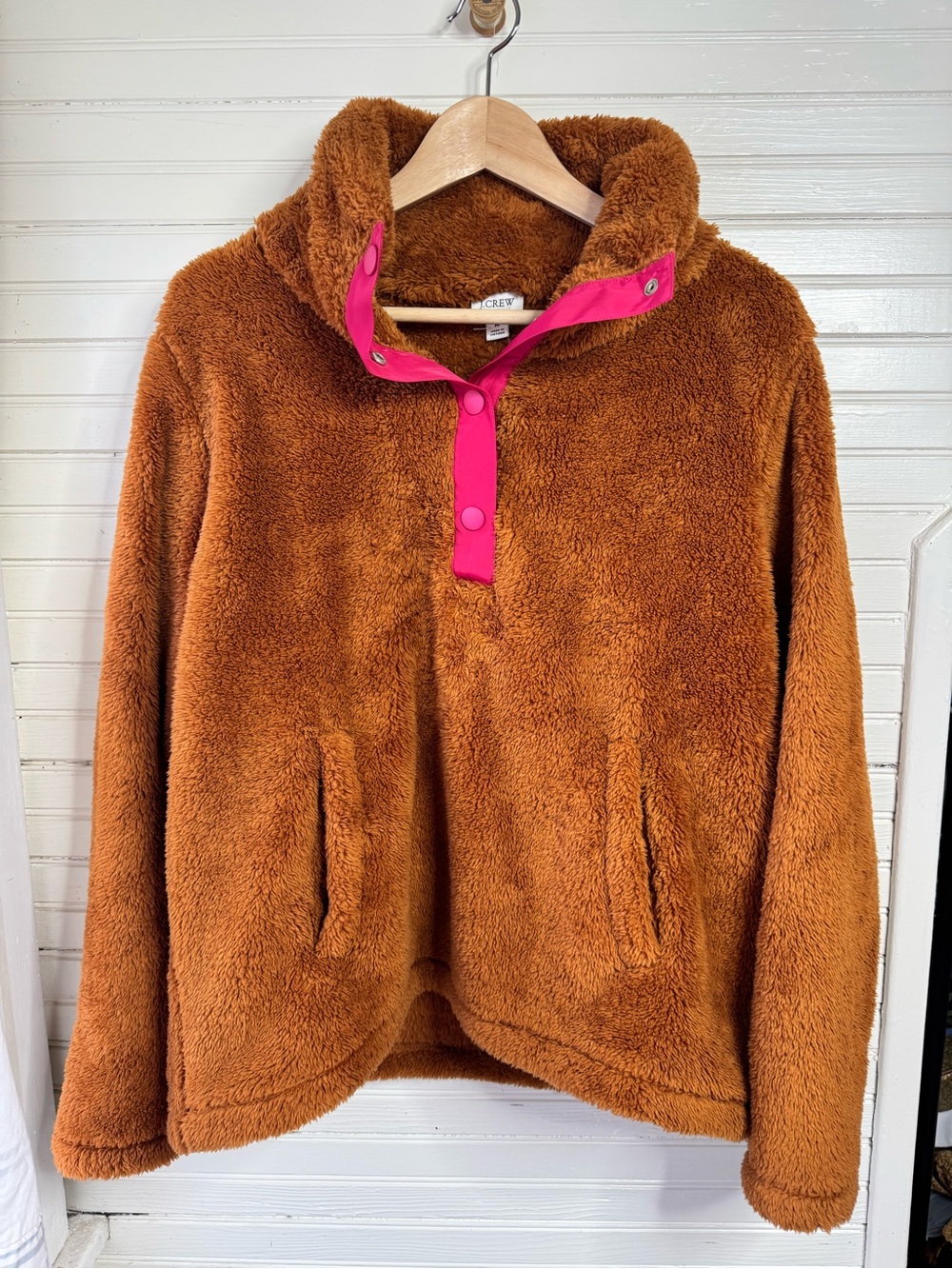 J. Crew Rust Brown Plush Pullover with Hot Pink Snap Placket